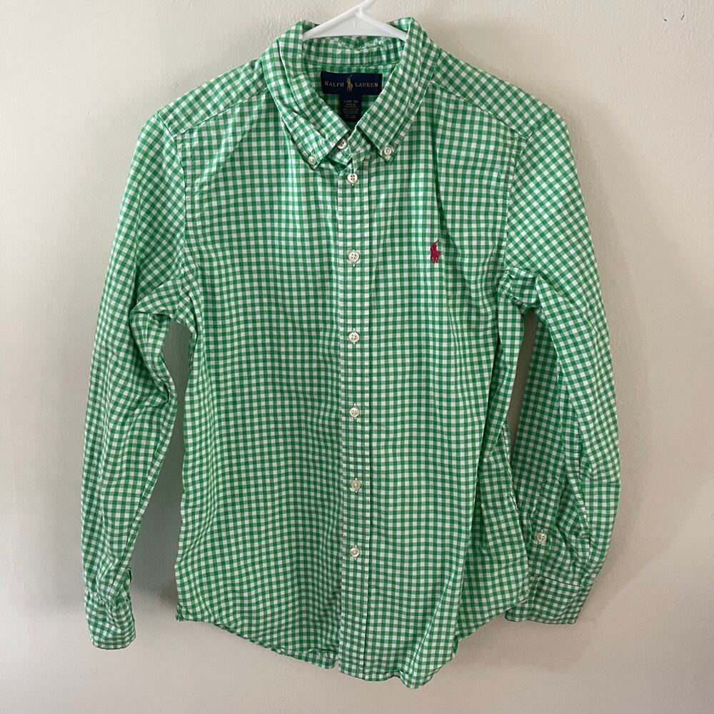 Ralph Lauren Boys Large 14/16 Green Gingham Plaid Button Down Shirt Long Sleeve